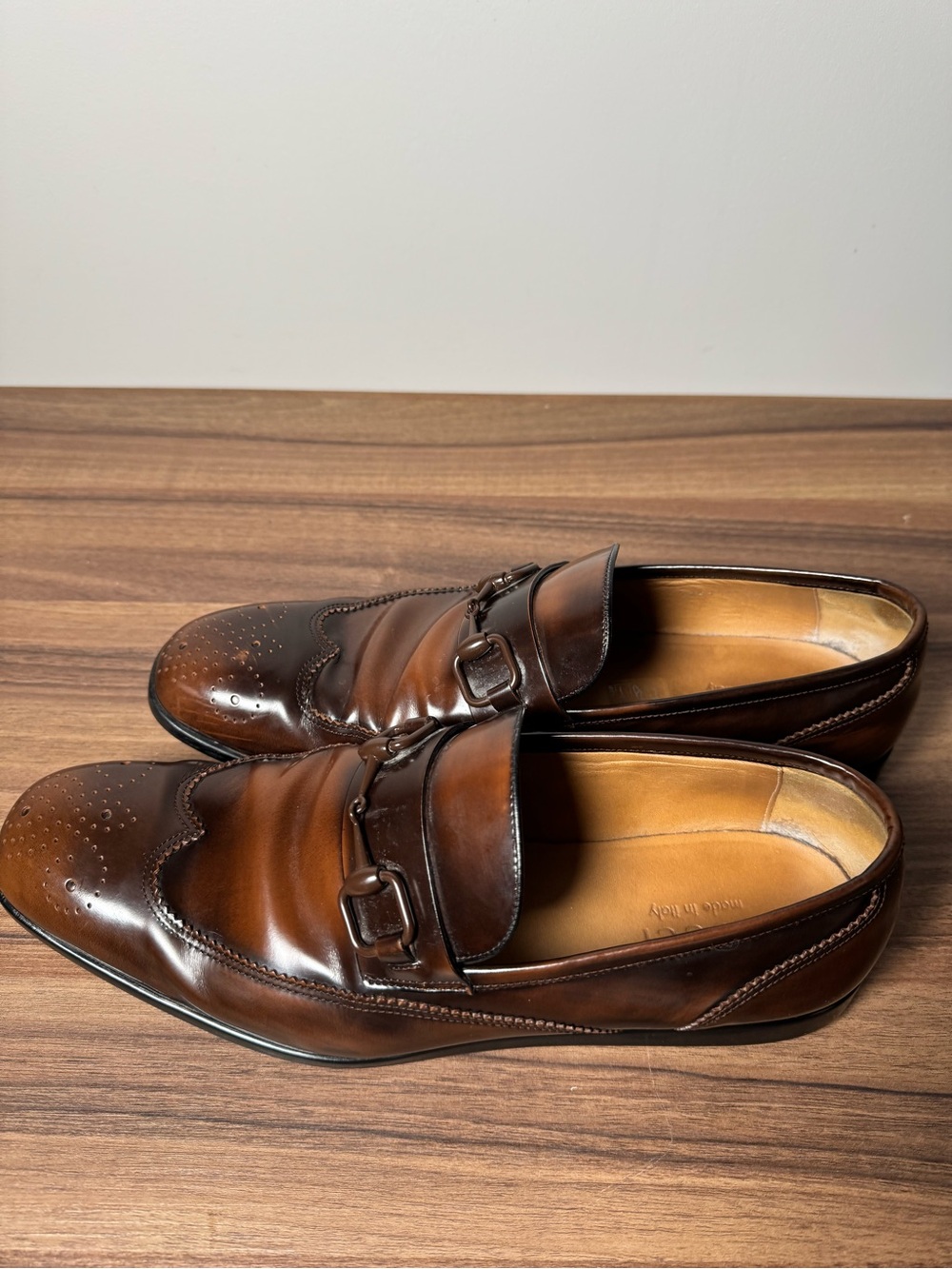 Gucci Wingtip Horsebit Loafers 10 Brown Patina Leather Slip On Shoes Italy - Picture 3 of 8